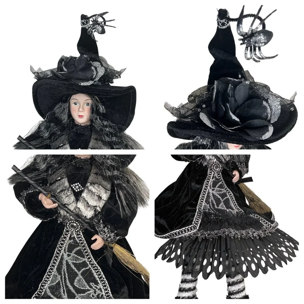 Porcelain Witch Doll Black Silver Velvet Dress Broomstick Halloween Collectible